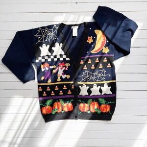 Halloween sweater 90s‎ vtg Talbots pumpkin ghost cardigan sweater size L